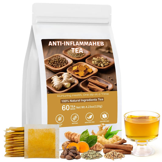Anti-Inflammaheb Tea, 100% Natural Inflammation Tea from Premium Turmeric, Ginger, Cinnamon, Cardamom, Cumin, Coriander Seeds Herbal Ingredients, Supports Antioxidant, Boost Immunity (1 Pack/60 Bags）