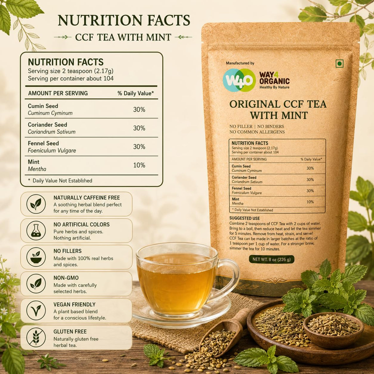 CCF Tea (Cumin, Coriander, Fennel) with Mint - Supports Natural Detoxification 8 Ounces (Pack of 1)