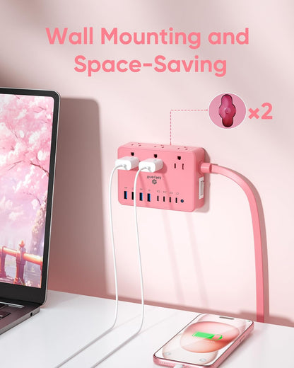 Kakyanill 8 USB Pink Power Strip with 6 AC(4 USB-C), 5 FT Extension Cord
