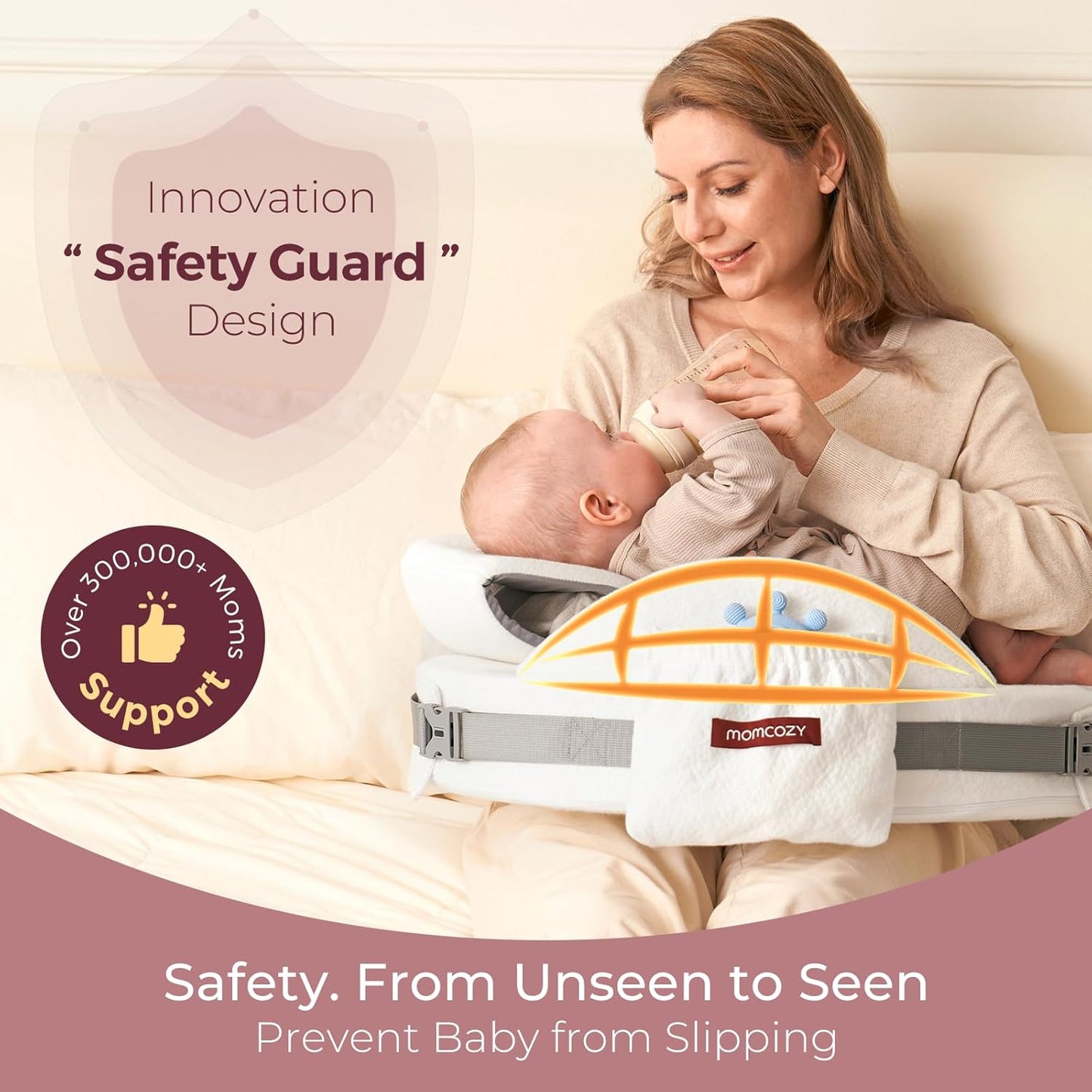 Momcozy CozyPro Nursing Pillow - All Around Lumbar & Arm Support - Safety Guard, Firm & Springy Memory Foam-Stable, Ergonomic Support, Easier Breastfeeding, Wider Cushion, Adjustable, Removable Cover