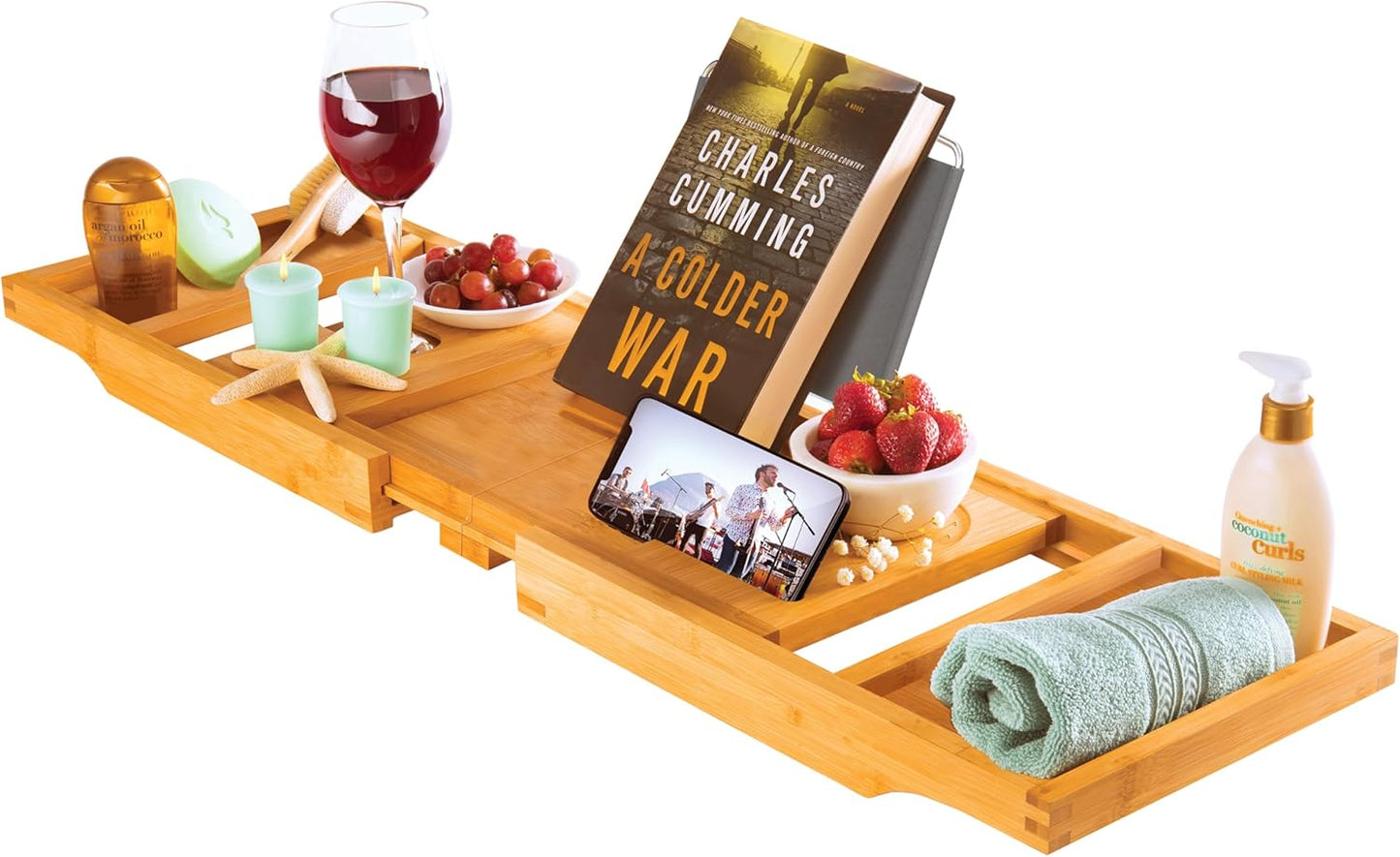 Bambüsi Bathtub Tray for Tub - Brown Bamboo Bath Tray, Expandable Wooden Bath Caddy Tray with Wine Holder, Book and Tablet Stand, Bathroom Accessories, Tub Table, Spa Bath Gifts for Women and Couples