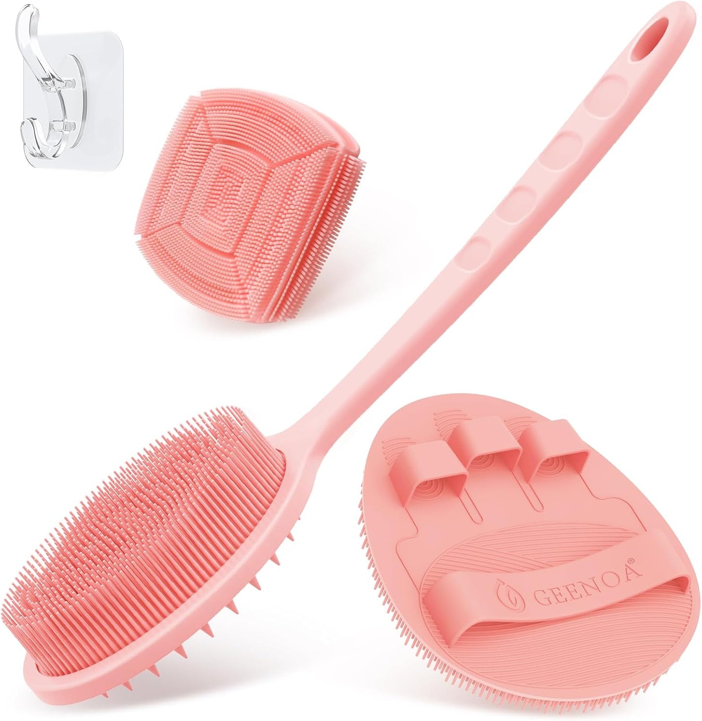 Silicone Back Scrubber & Bath Glove Set 2PCS, 13.4'' Gentle Shower Back Scrubber with Dual-Side Head Non-Slip Handle, 360° Anti-Slip Hand-fit Bath Glove for Rich Foaming Deep Cleaning(Black)