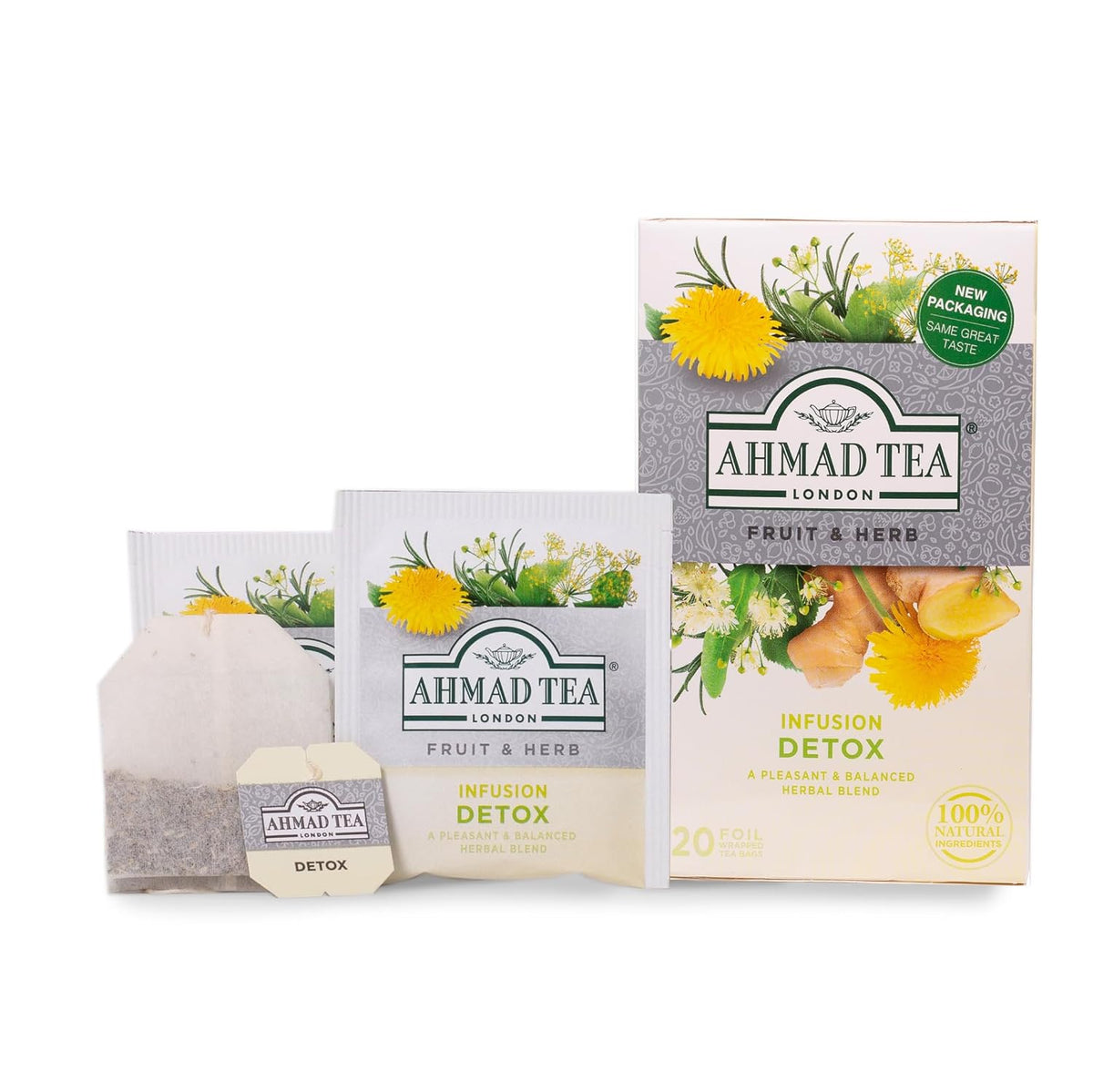 Ahmad Tea Herbal Tea, Ginger, Peppermint, Fennel, Dandelion, & Birch 'Detox' Teabags, 20 ct (Pack of 6) - Decaffeinated & Sugar-Free
