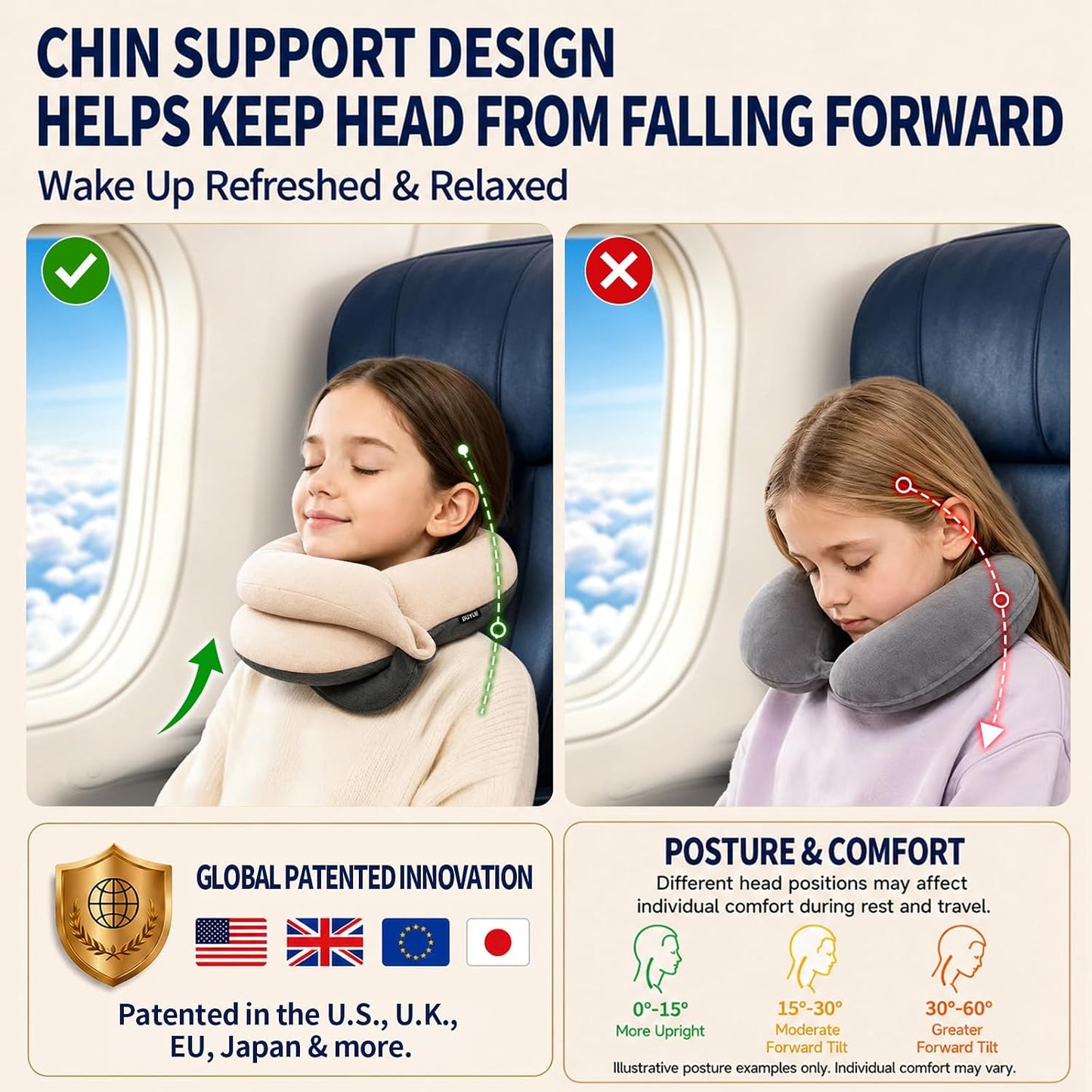 BUYUE Travel Neck Pillows for Airplanes, Memory Foam 360° Head Support Sleep for Long Flight, Skin-Friendly & Breathable, Kit with Eye Mask, Earplugs and Storage Bag (Adult, Grey, 90+ lbs)