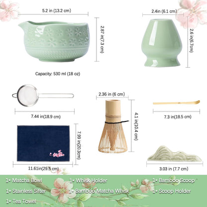 Buucup Matcha Whisk Set, Ceramic Matcha Kit Set Includes Matcha Bowl, Matcha Whisk and Holder, Bamboo Scoop, Scoop Rest, Sifter and Tea Towel - 7 Pcs Matcha Kit for Matcha Lovers (Mottled Green)