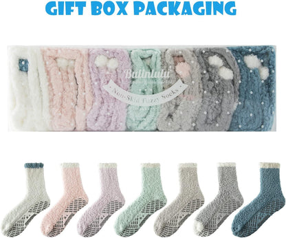 Bulinlulu Fuzzy Socks with Grips Plush Sleep Cozy Winter Soft Hospital Fluffy Socks for Womens Mens Gifts