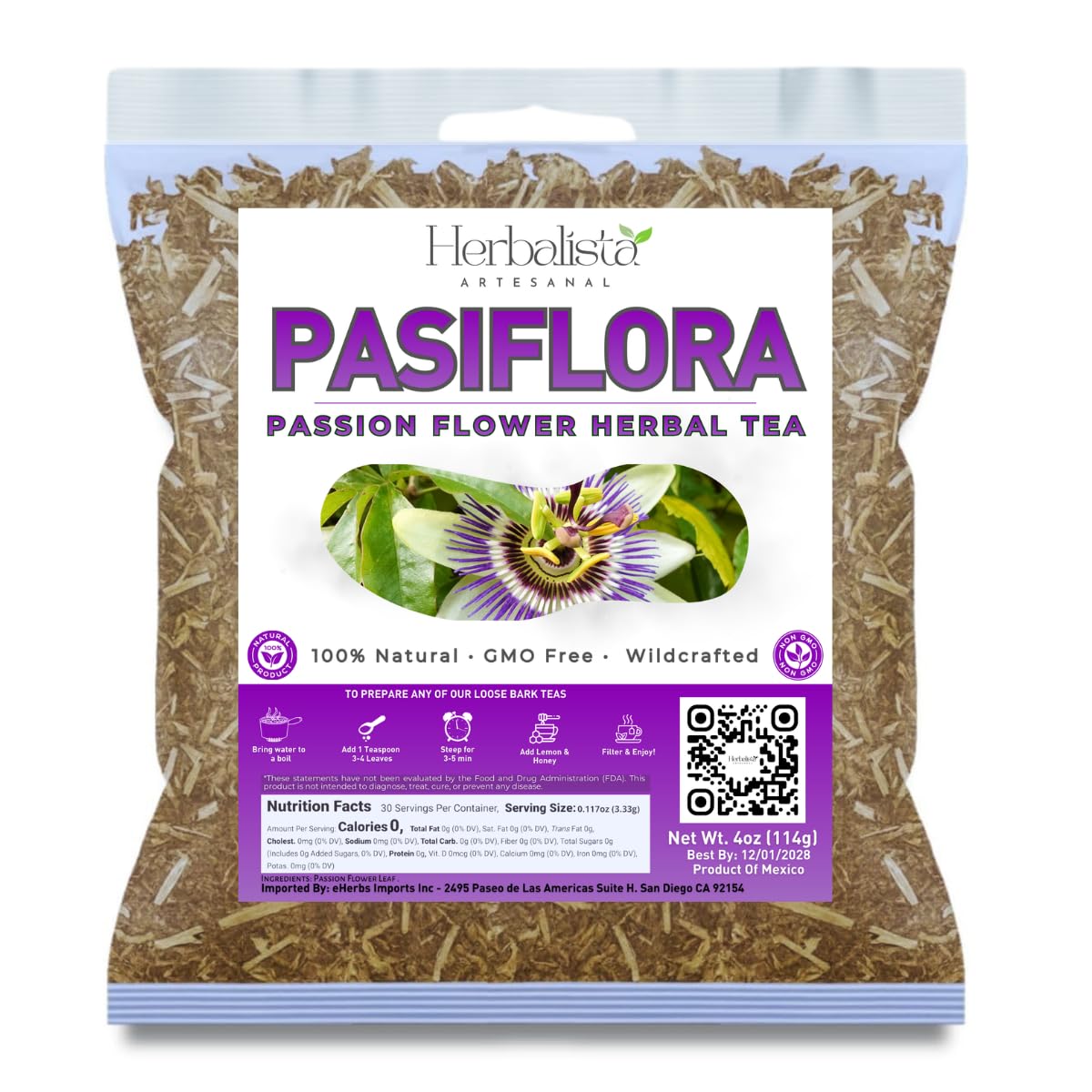 Pasiflora Herbal Tea (Passionflower) – Premium Loose Leaf Blend – 4 oz (113 g) Wildcrafted Traditional Herbal Infusion – 100% Natural, Caffeine-Free, Vegan, Non-GMO