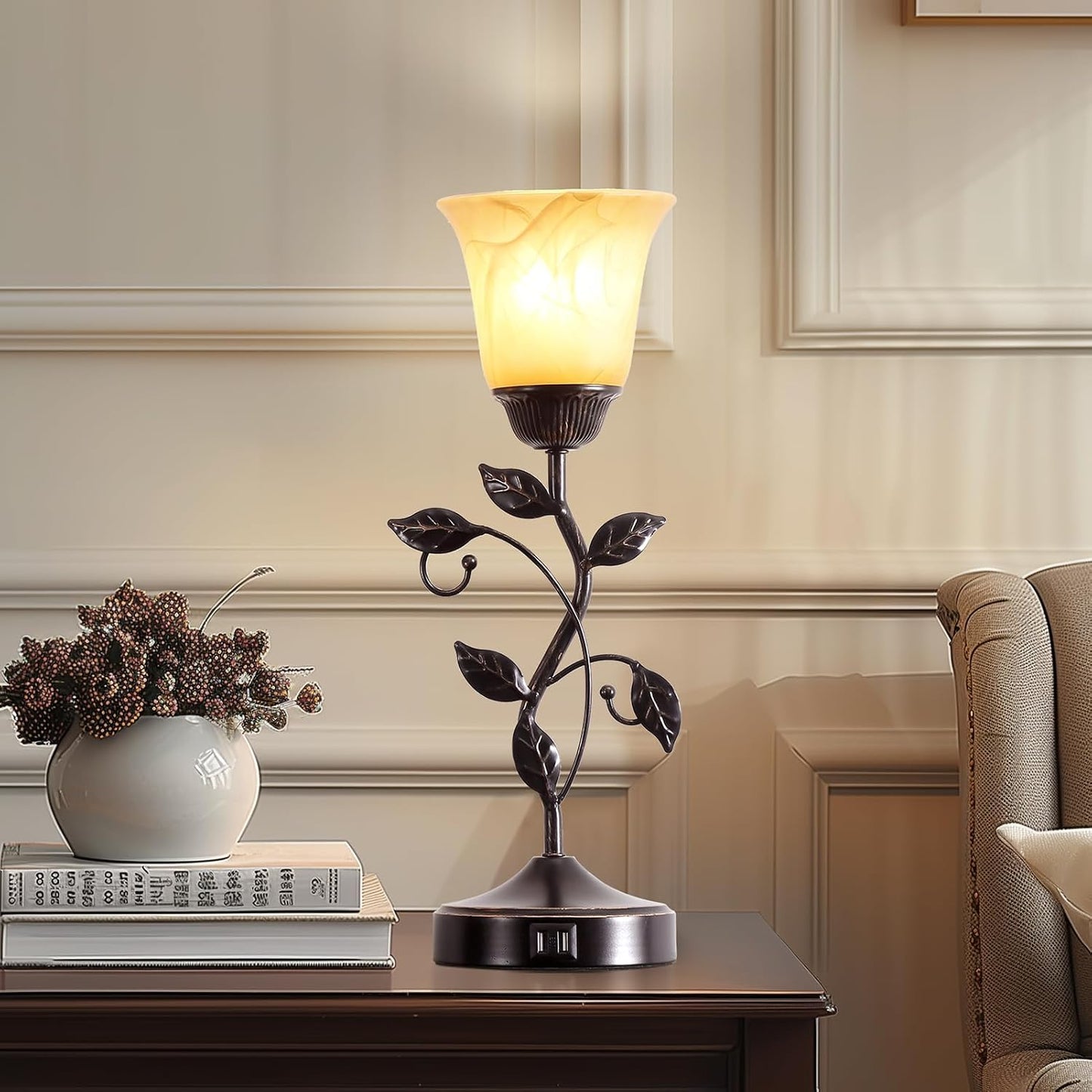 Touch Control Table Lamp with 2 USB Charging Ports, 3-Way Dimmable Bedside Nightstand Lamps, Amber Glass Shade Vintage Rural Leaf Lamp for Living Room, Bedroom, Dresser, LED Bulb Included (Bronze)