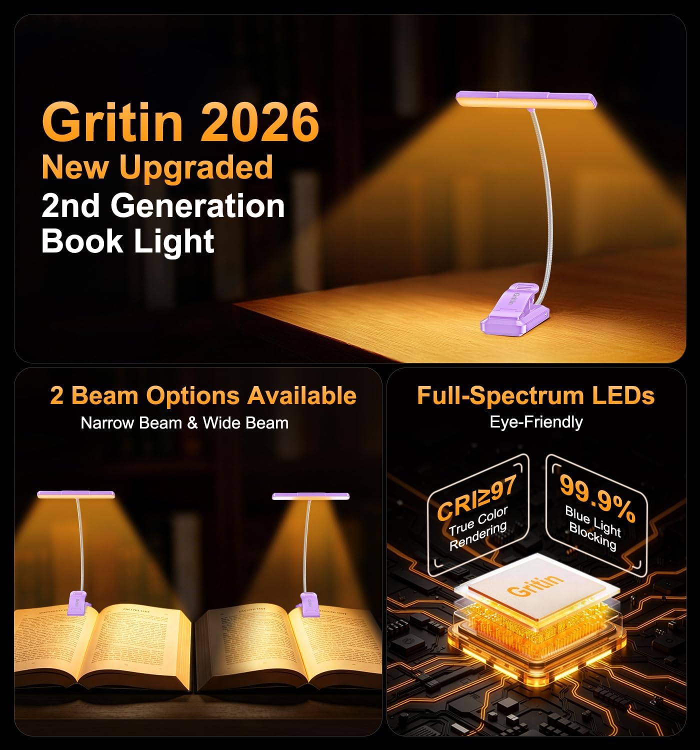 Gritin 2026 Gen 2 Book Light for Reading- 32 Eye Caring Full Spectrum LED | 5 Colors & 5 Brightness, Adjustable Wide/Narrow Beam, Upgrade 1500mAh Long-Lasting Rechargeable Clip on Light for Book Lovers