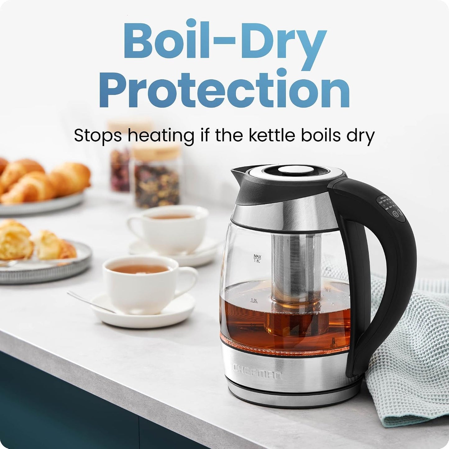CHEFMAN Electric Kettle - 1.2L 1500W Hot Water Tea Pot with Infuser, BPA Free, Auto Shut Off, Boil-Dry Protection, Removable Lid, LED Light, Cordless Glass Electric Tea Kettle – Stainless Steel
