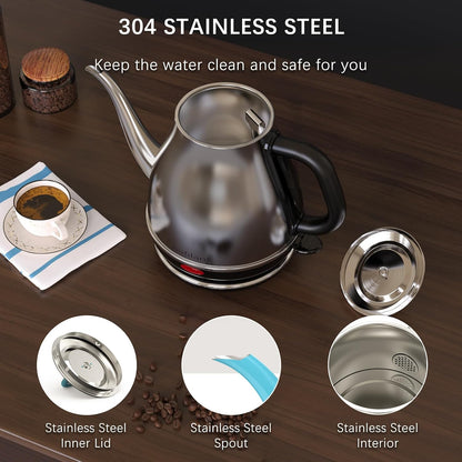 Anfilank Electric Gooseneck Kettle, 1L 1500WFast Boil, 100% Stainless Steel BPA Free Pour-Over Coffee & Tea Kettle,Water Boiler with Auto Shut & Boil-Dry Protectio,Green