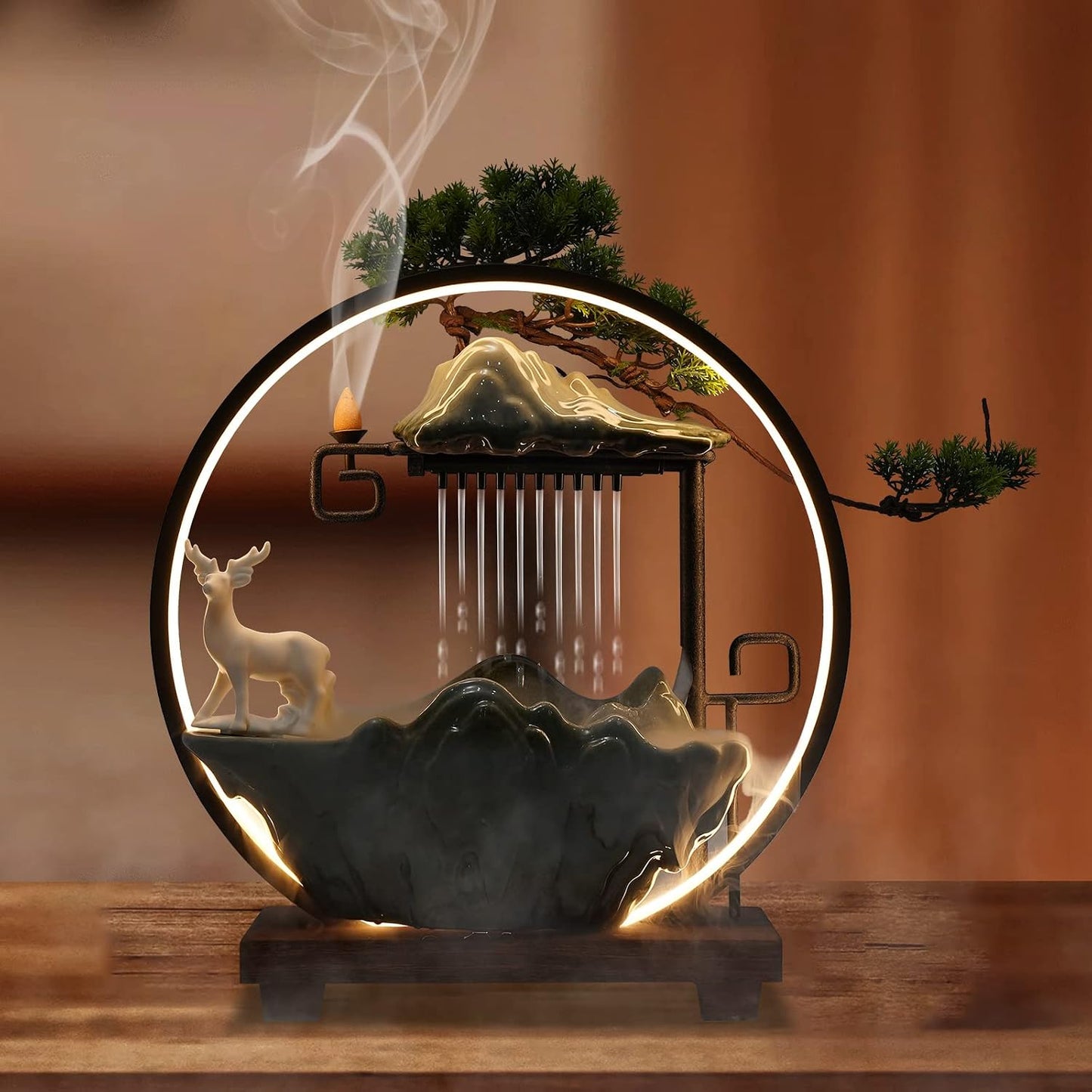 Mini Artificial Bonsai Tree Waterfall Fog Feature Rock Tabletop Fountain | 11in Desktop Decor Waterfall Fountain W/ Water Pump& Atomizer&LED Lights &Fake Tree Office Bedroom Relax