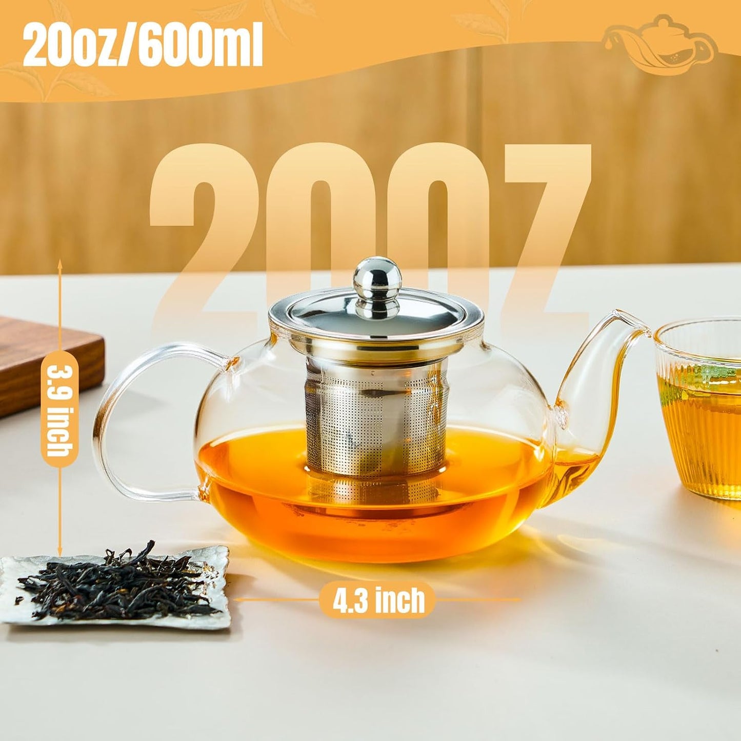 Baalaka Glass Teapot Stovetop 20 OZ/600ml, Tea pot with Removable 18/8 Stainless Steel Infuser, Borosilicate Clear Tea Kettle, Teapot Blooming and Loose Leaf Tea Maker Tea Brewer for Camping, Travel