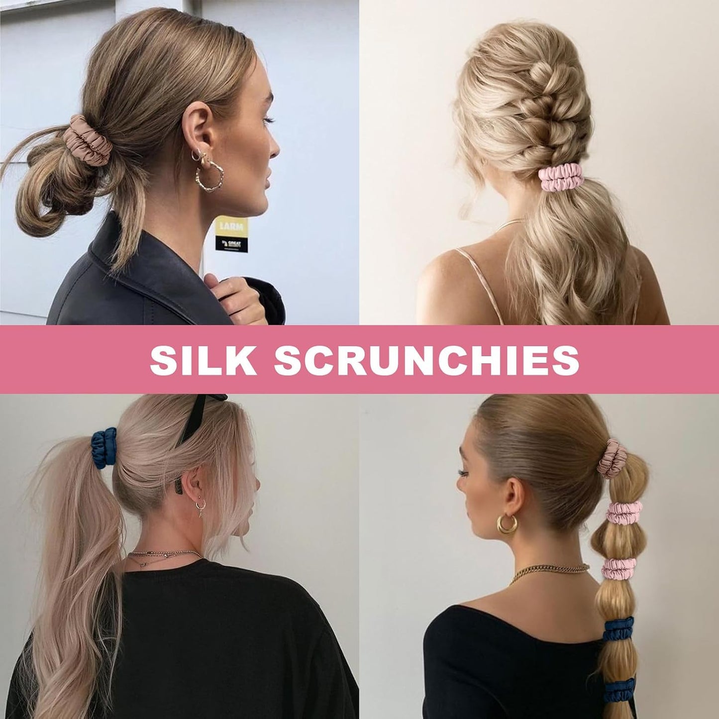 6Pcs Silk Hair Ties 100% Pure Mulberry Silk Scrunchies for Women Girls | No Hair Crease, Anti Frizz, Gentle Hold, No Damage, Black Brown Pink