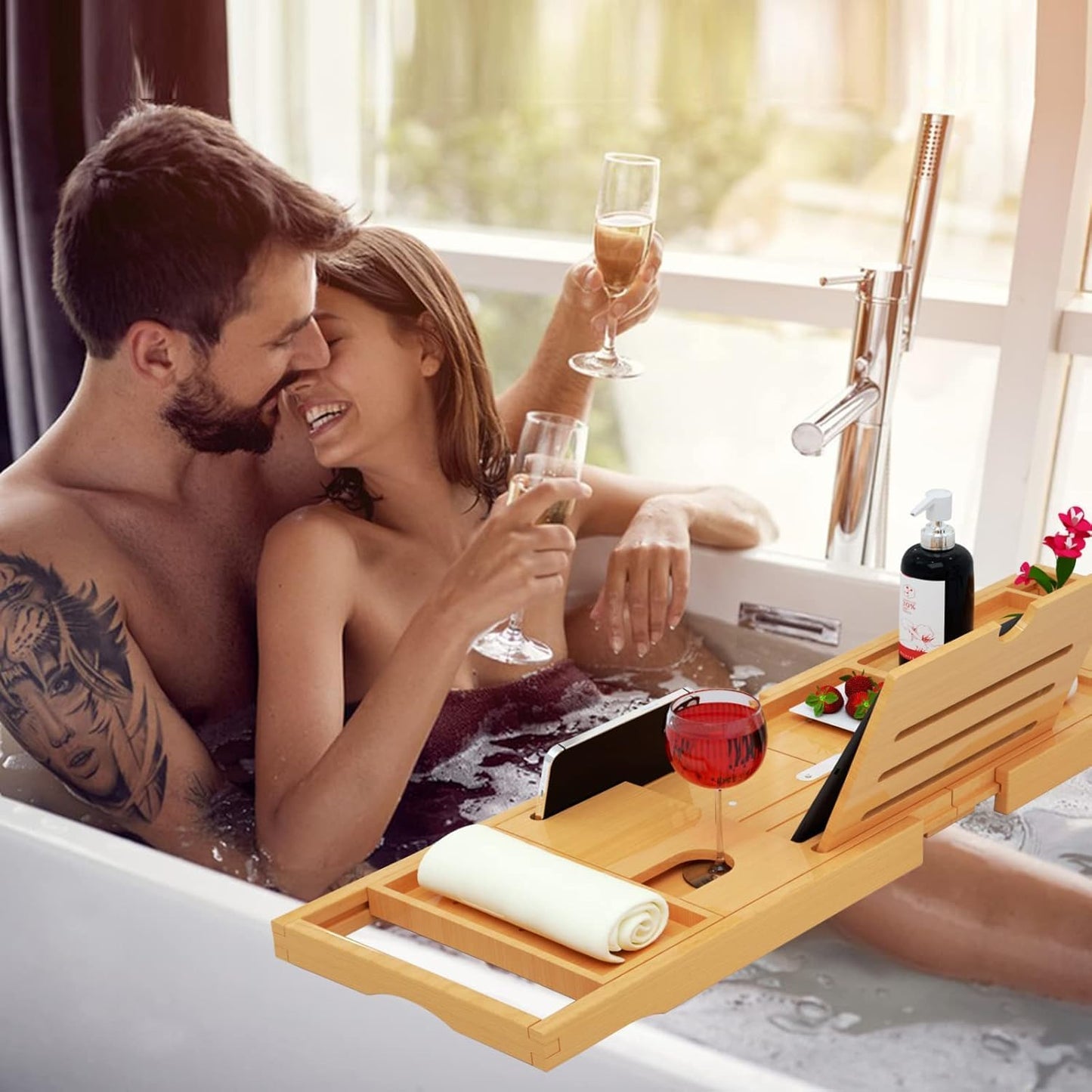 Premium Bamboo Bathtub Tray Caddy - Bath Tub Tray Table for Bathtub - Bath Caddy Tray for Bathtub, Expandable Size, Fits Most Bath Tubs