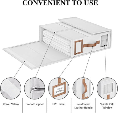 Bed Sheets Organizers And Storage,Sheets Set Folder Keeper with Handle,Foldable Bedding Storage Box For Linen Closet,Duvet Cover(King Size-3.7 Gal,Beige)