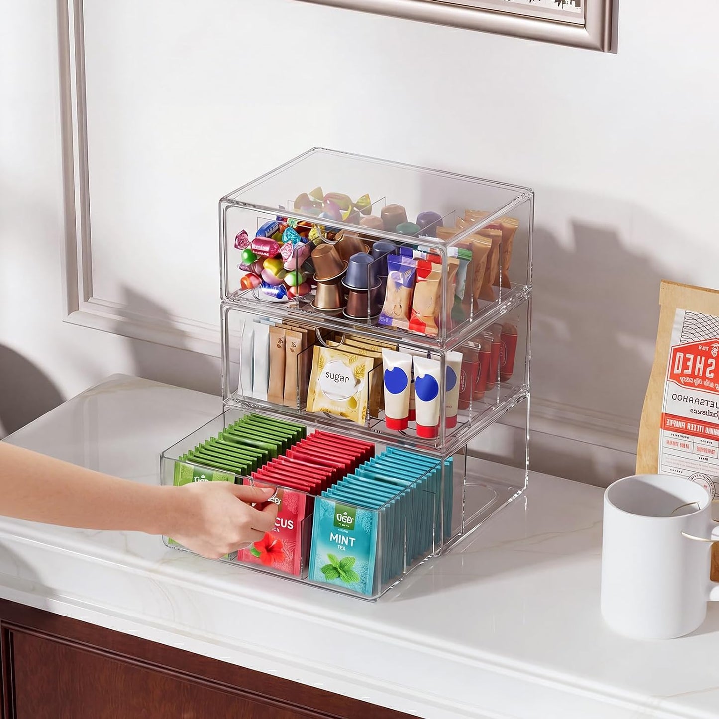 2 Pack Clear Tea Bag Organizer, Stackable Drawer Organizer with Dividers for Pantry Bathroom Vanity Kitchen - Cabinet Countertop Shelf Plastic Storage Bins for Coffee/Makeup/Cosmetic/Crafts/Jewelry