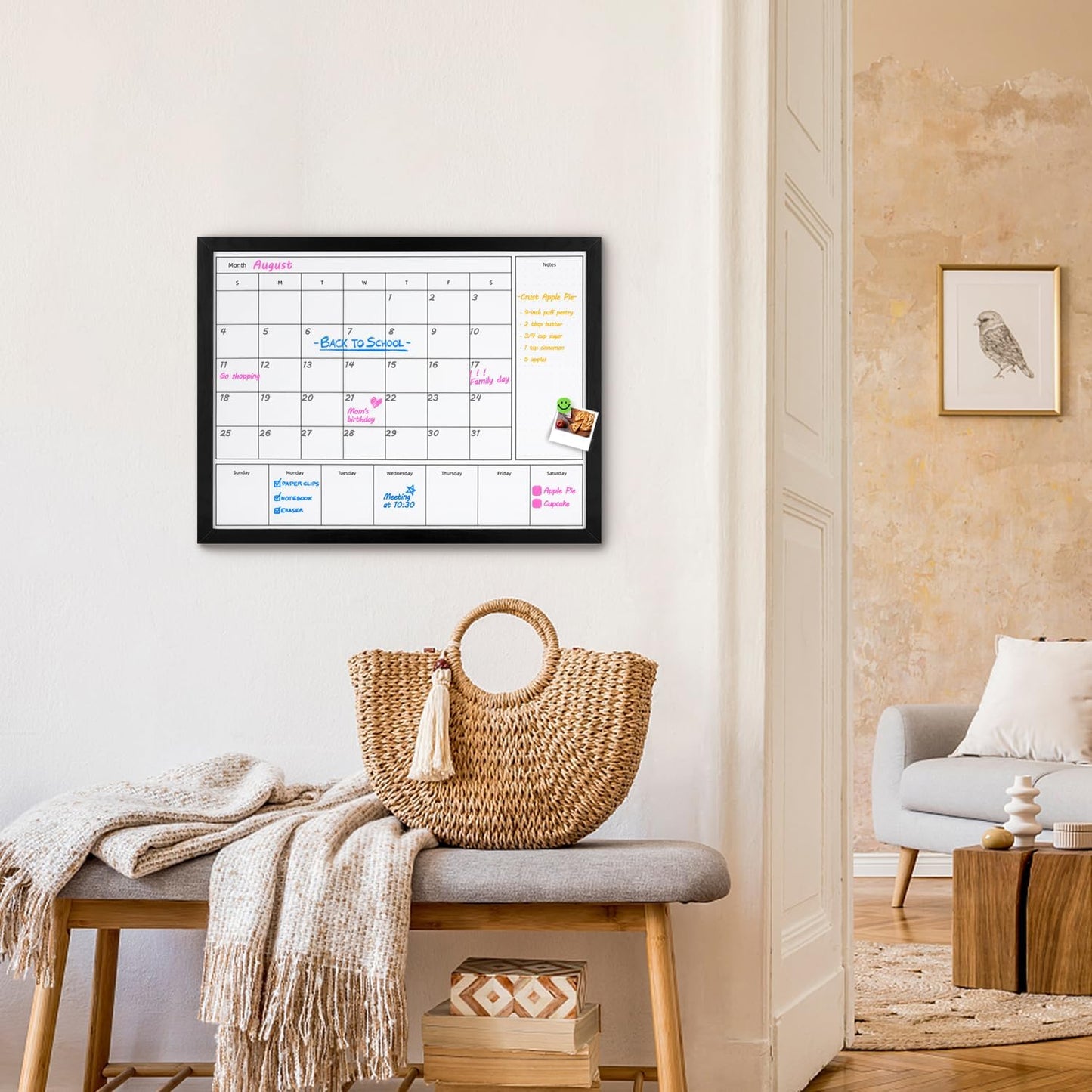 3-in-1 Dry Erase Calendar for Wall, Magnetic Surface Calendar Whiteboard | 17x13 inches Monthly & Weekly Planner Whiteboard, Dry Erase Board with Black Wood Frame, Magnetic Calendar for Classroom