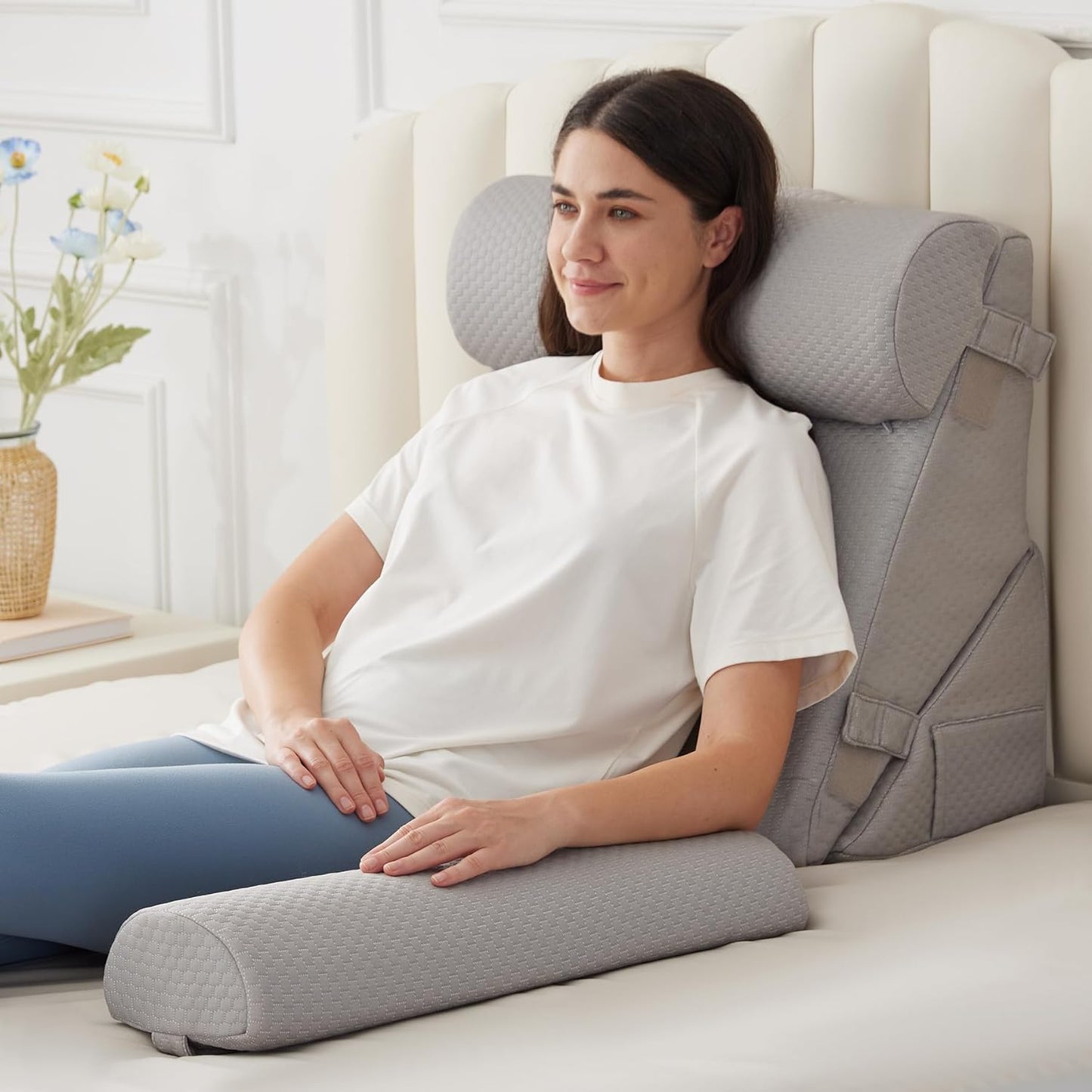 BIEEZZK Wedge Pillow Set for After Surgery, Wedge Pillow for Acid Reflux, Bed Wedge Pillow with Adjustable 9&12inch for Headboard,Sleeping, Orthopedic Memory Foam for Neck&Back Support, White/Grey