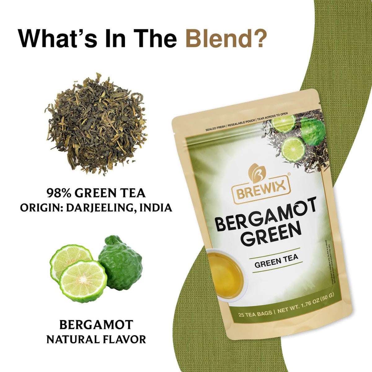 BREWIX, Earl Grey Green Tea (25 Whole Leaf Pyramid Tea Bags) | Bergamot Green Tea, Bright and Citrusy | Caffeinated, Sugar Free Tea Loose Leaf Earl Grey Green Tea With Pure Bergamot | High Elevation Grown | Hot or Iced
