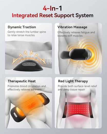 4-in-1 Lumbar Support Pillow with Red Light 650nm 850nm, Lumbar Massager Cordless Rechargeable 5000mAh, Lower Back Massager with Vibration, Airbag Traction & Heating for Back Waist Comfort, Black