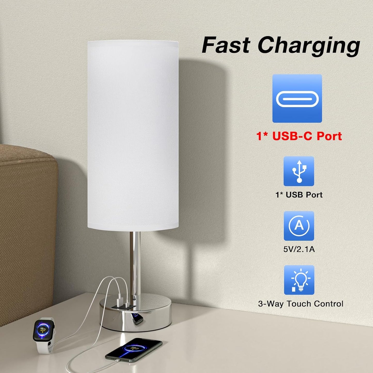 Dicoool Touch Table Lamp for Bedroom, 3 Way Dimmable Bedside Lamp with USB C & A Charging Ports - Small Desk Lamp for Dorm Room, College, Kids, Office, Living Room, White