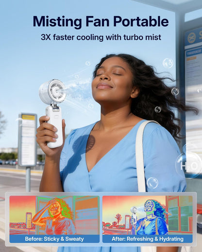 Misting Fan Portable - Handheld Turbo Fan with Cool Mist Spray, 4000mAh Rechargeable, 5 Speeds, Personal Foldable Water Mister for Summer Travel, Beach & Outdoor Essentials - Black