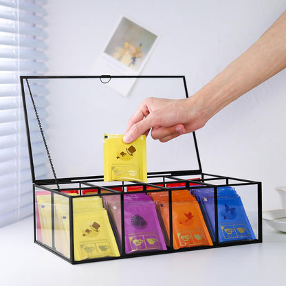 REDHUGO Glass Tea Bag Organizer, 8-Compartment Tea Storage Box, Gold
