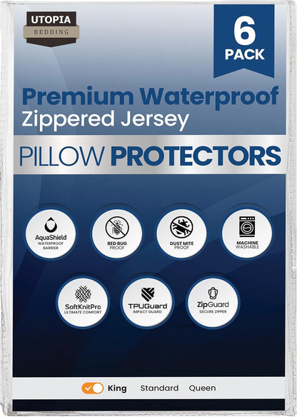 Set of 4 Pillow Protectors with Zipper Standard Size, Bed Bug and Dust Mite Proof Pillow Covers, Ultra Soft Pillow Encasements, Moisture Wicking and Waterproof Pillow Cases by Utopia Bedding (White)