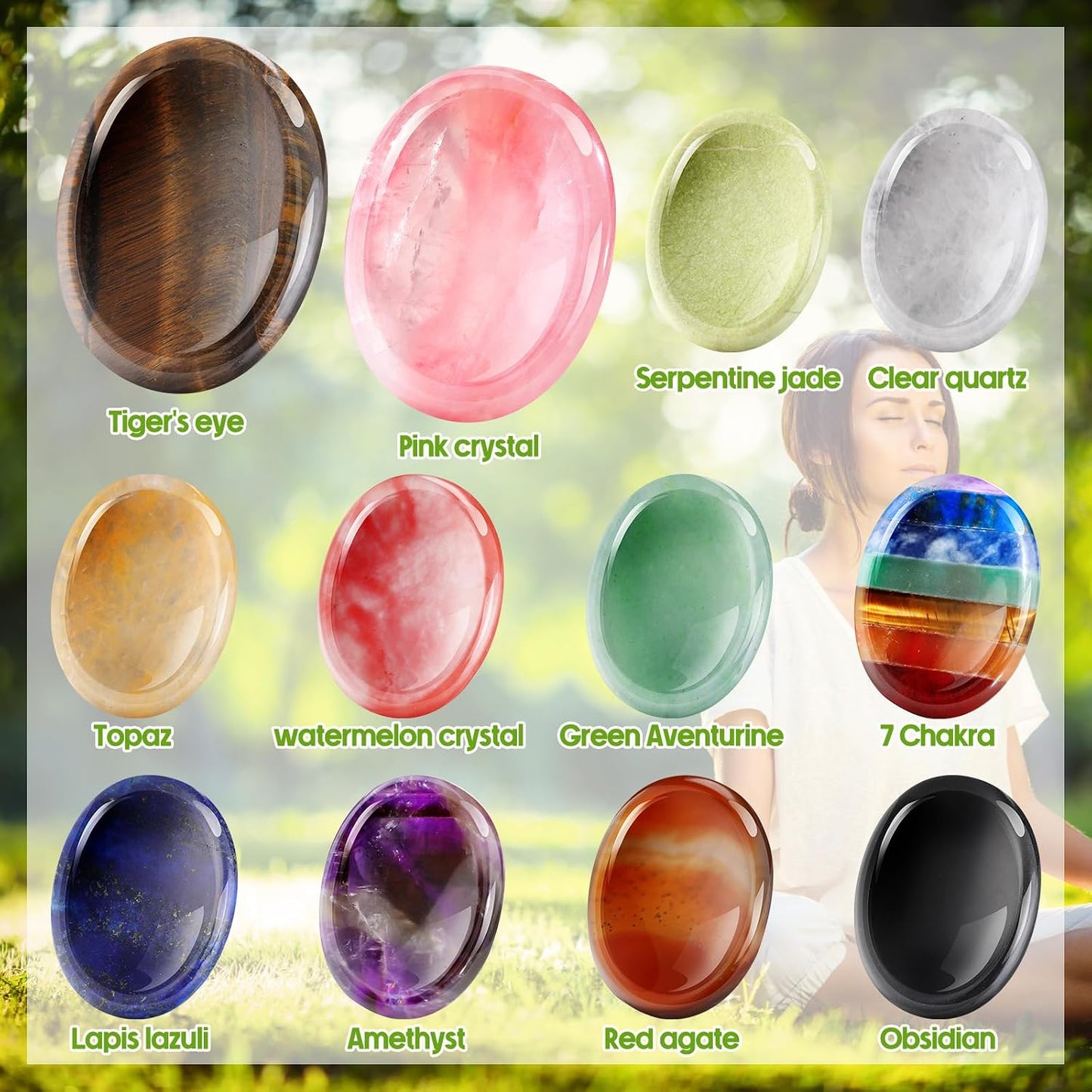 Fumete 18 Pcs Thumb Worry Stone for Anxiety Chakra Crystals Oval Chakra Stones Amethyst Tigers Eye Crystal for Anxiety Stress Relief Meditation Office Stress Yoga Crystal Spiritual Gift (Mixed Set)