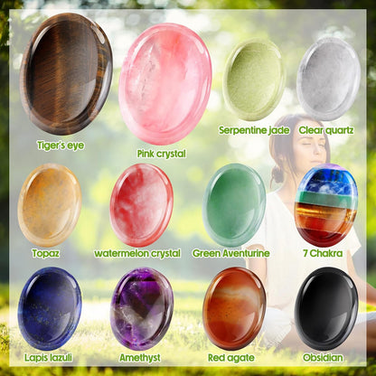 Fumete 18 Pcs Thumb Worry Stone for Anxiety Chakra Crystals Oval Chakra Stones Amethyst Tigers Eye Crystal for Anxiety Stress Relief Meditation Office Stress Yoga Crystal Spiritual Gift (Mixed Set)