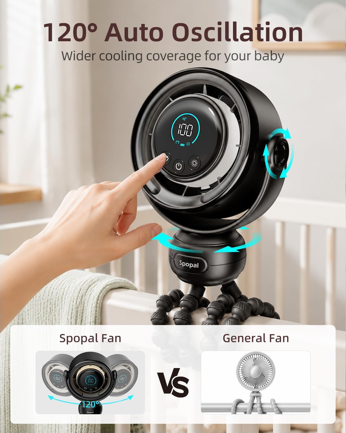 Spopal Portable Baby Stroller Fan, 120° Auto Swing, LED Display- Beige