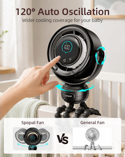 Spopal Portable Baby Stroller Fan, 120° Auto Swing, LED Display- Beige