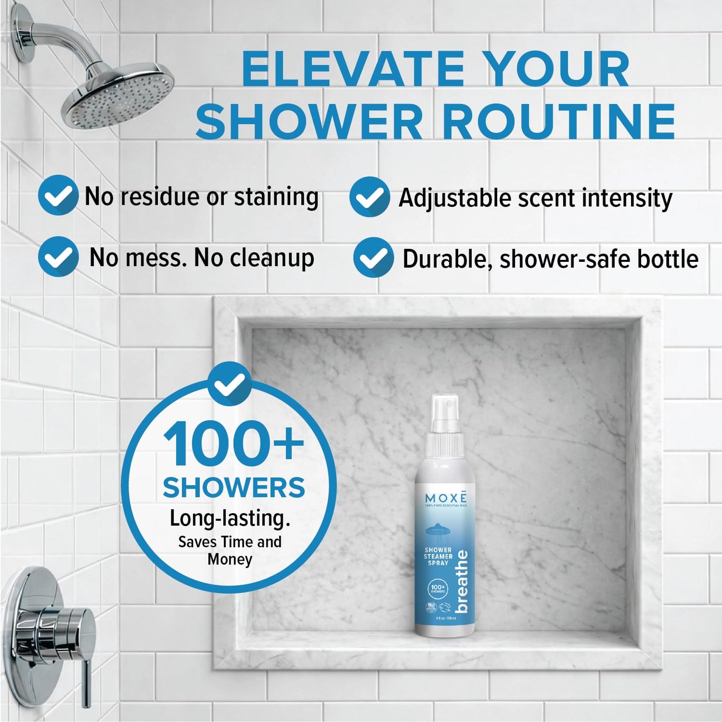 MOXĒ Eucalyptus Oil Shower Mist, Spa Steam Spray, Certified Natural 100% Essential Oils, Made in USA, Aromatherapy, Sinus Congestion Relief, Tension Relief, 4 Ounces