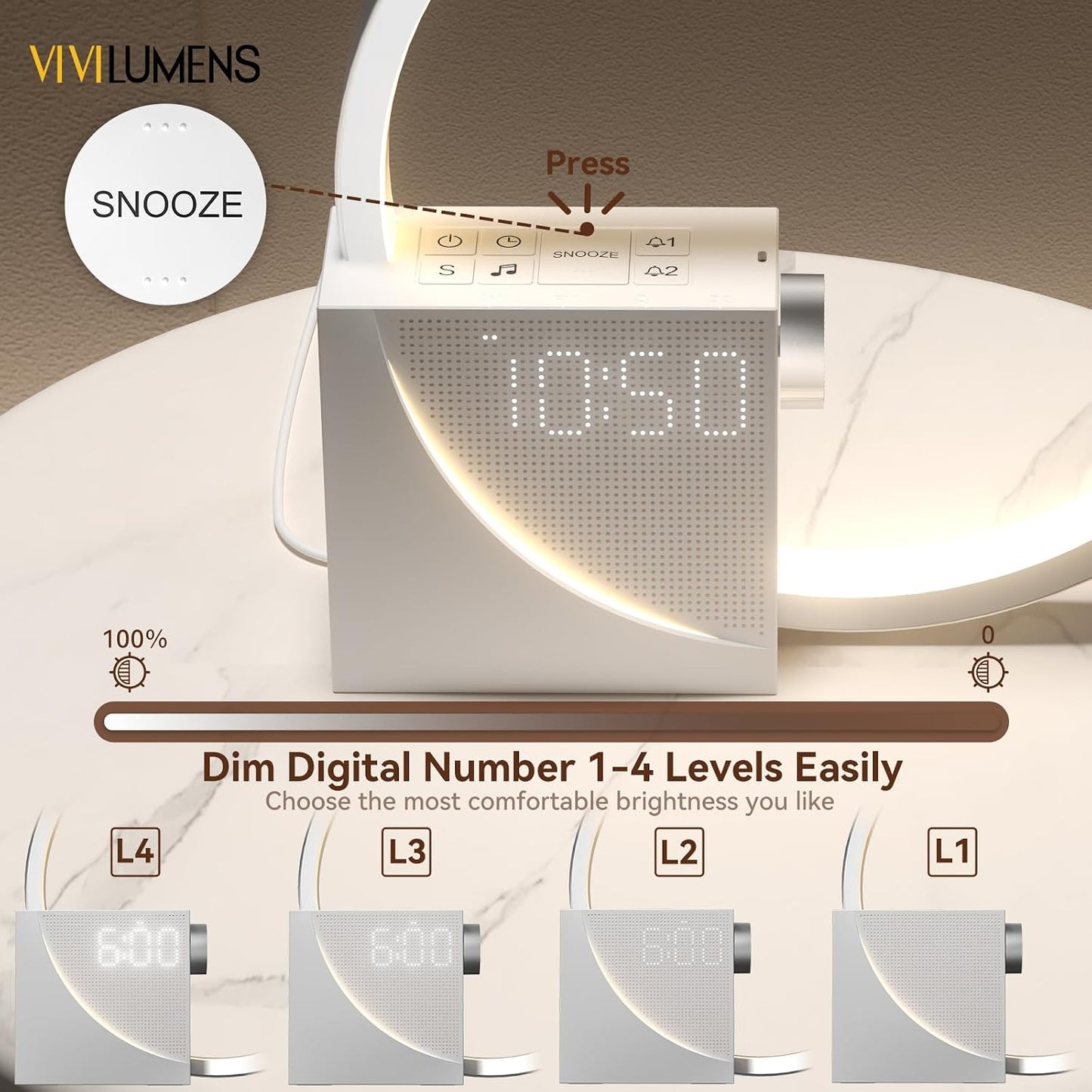 Vivilumens Sunrise Alarm Clock Sound Machine Nightlight, Gradual Wake Up Light, Digital Dimmable Clock, 10 White Noise Sleep Sounds, Snooze, Dual Clocks for Heavy Sleeper Adult, Decor Gifts for Women