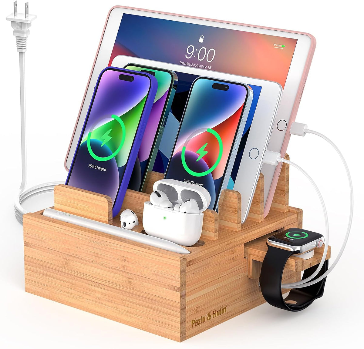 Bamboo Charging Station for Multiple Devices with USB Charger, 5 Cables
