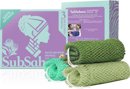 SubSahara Authentic African Net Sponge - 2 Pack Exfoliating Bath & Shower Loofah Sponge for Body & Face, Gentle Scrubber for All Skin Types, Travel, Durable Polyester (Olive Green & Light Green)