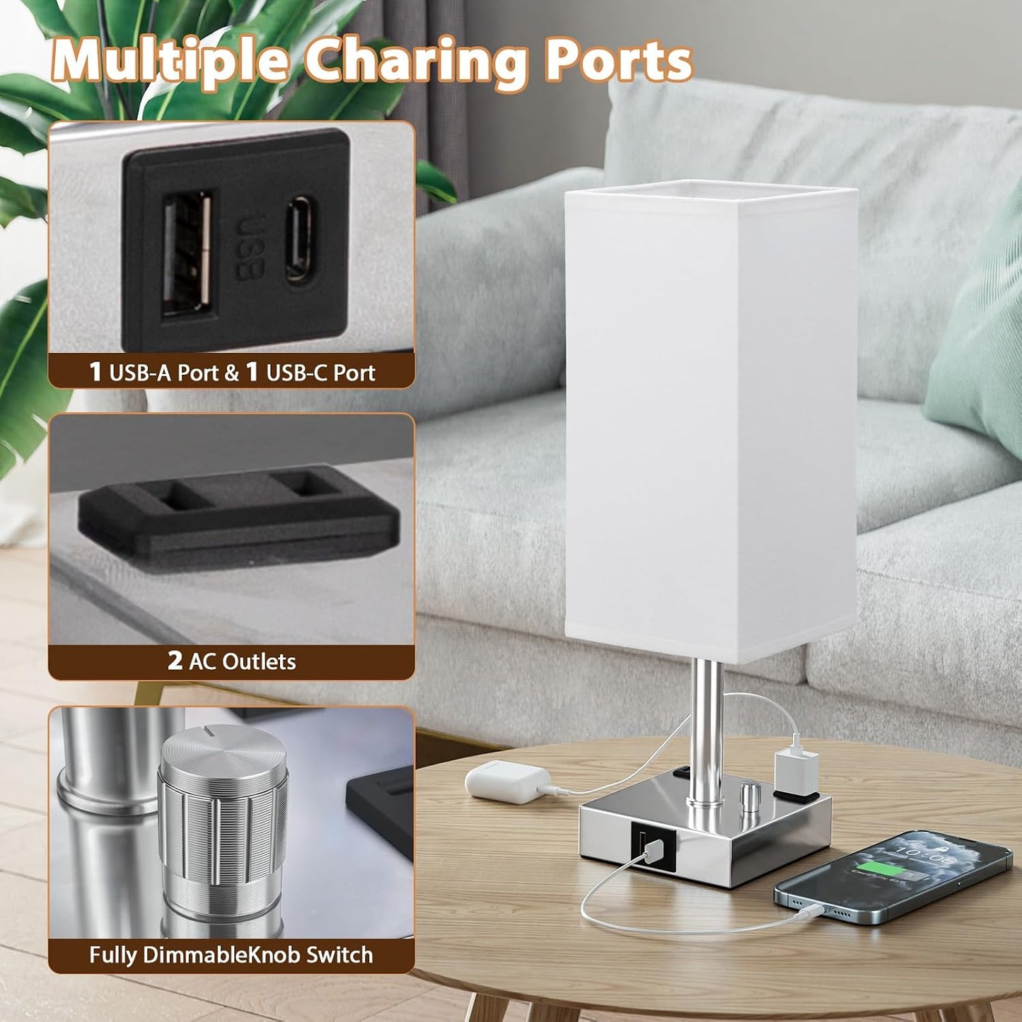 Bedside Table Lamps Set of 2 for Bedroom - Dimmable, USB C+A, 2 AC Outlets
