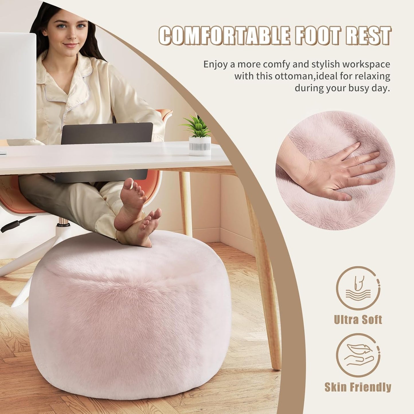 Round Stuffed Pouf Ottoman Foot Rest, Faux Fur Poufs with Memory Foam Filling, Ottomans for Living Room, Nursery, Dorm, Soft Foot Stool Ottoman for Couch, Perfect for Resting Your Feet (Grey, 20 Inch)