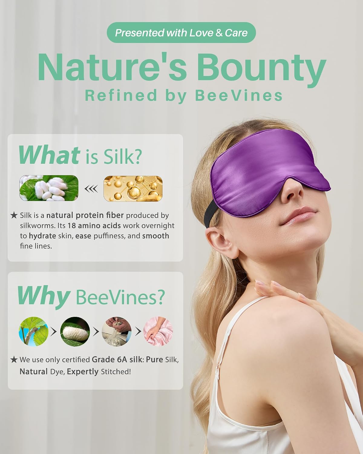 BeeVines 100% Real Mulberry Silk 2 Pack Sleep Mask, Natural Pure Silk Eye Masks with Adjustable Strap for Sleeping, Block Light Eye Sleep Shade Cover, Reduces Puffy Eyes Traveling Gifts