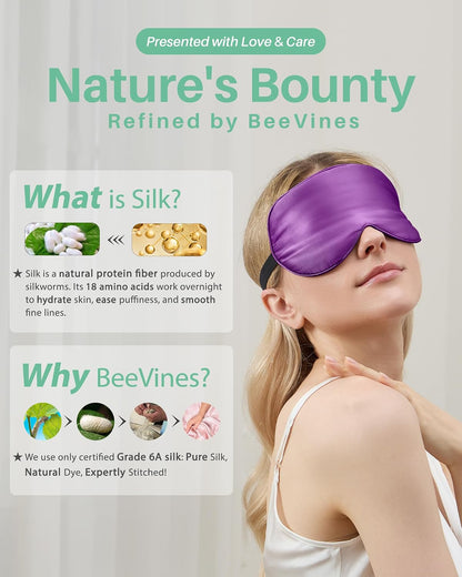 BeeVines 100% Real Mulberry Silk 2 Pack Sleep Mask, Natural Pure Silk Eye Masks with Adjustable Strap for Sleeping, Block Light Eye Sleep Shade Cover, Reduces Puffy Eyes Traveling Gifts