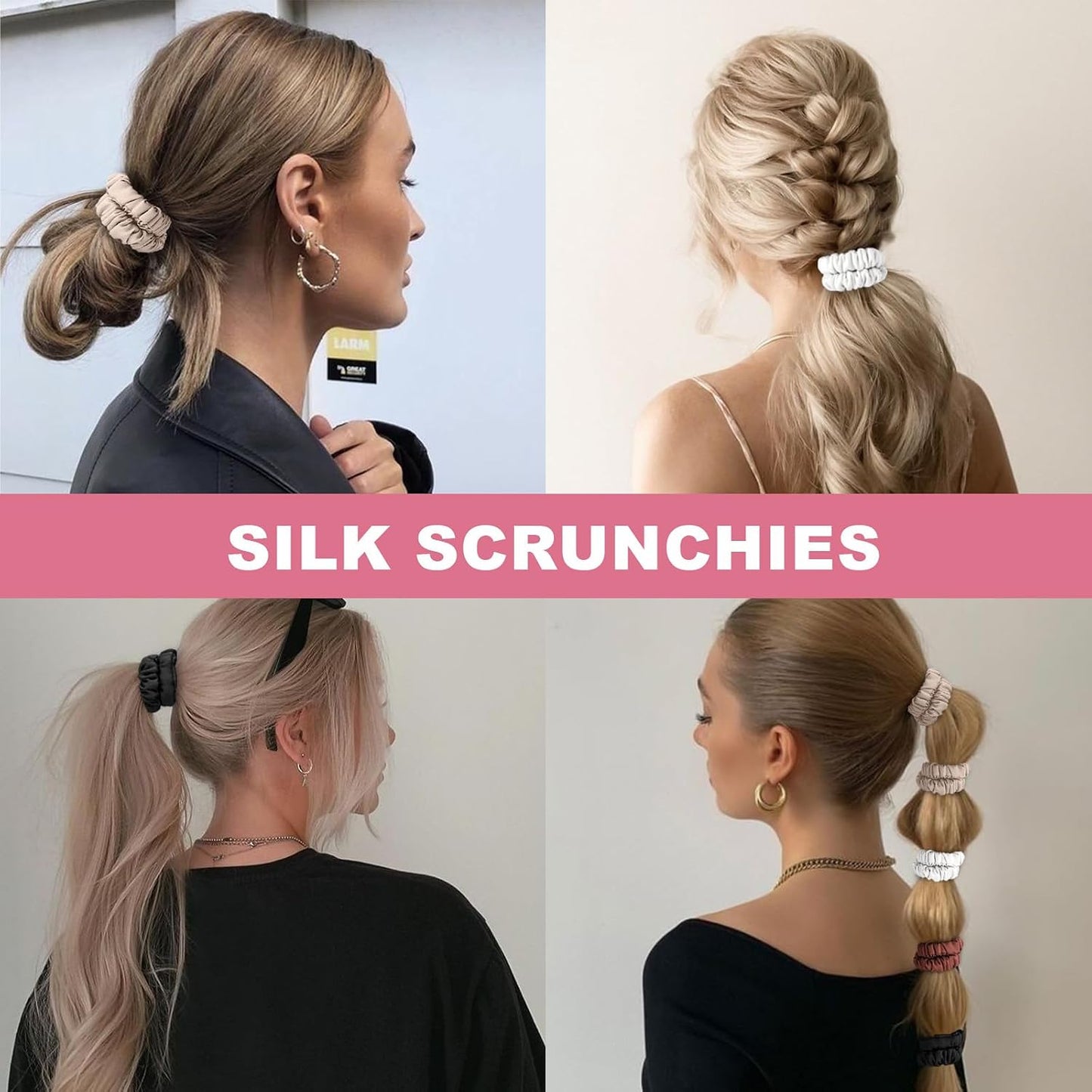 6Pcs Silk Hair Ties 100% Pure Mulberry Silk Scrunchies for Women Girls | No Hair Crease, Anti Frizz, Gentle Hold, No Damage, Black Brown Pink