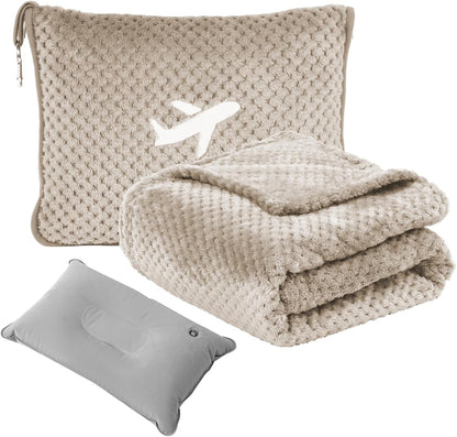 Travel Blanket Airplane Compact with Bag, Travel Essentials 3 in 1 Packable Airplane Blanket, Travel Pillow and Blanket Set, Inflatable Pillow, Luggage Sleeve & Backpack Clip (Light Grey)