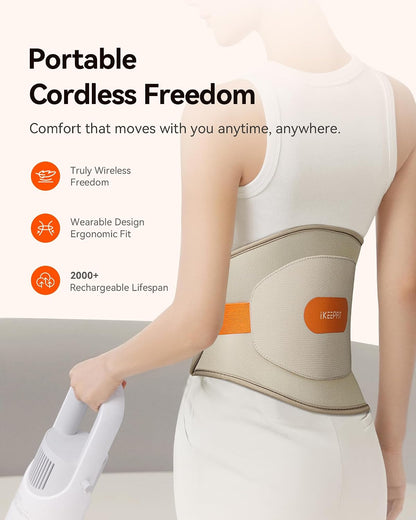 IKEEPFIT Portable Heating Pad for Back, FSA Eligible HSA, Cordless Heat Belt with Massager for Lower Back Pain Relief, Battery Powered 8000 mAh Rechargeable, MAXwarm 3.0, Gift for Women Men 90-310 lb