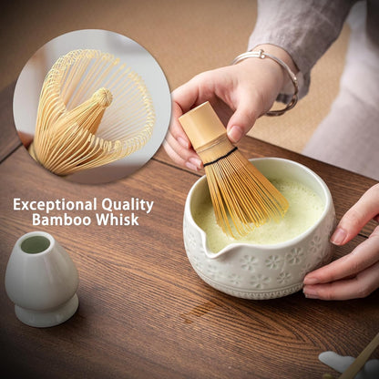 Buucup Matcha Whisk Set, Ceramic Matcha Kit Set Includes Matcha Bowl, Matcha Whisk and Holder, Bamboo Scoop, Scoop Rest, Sifter and Tea Towel - 7 Pcs Matcha Kit for Matcha Lovers (Mottled Green)