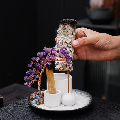 5 in 1 Incense Burner Holder with Crystal Healing Tree, Palo Santo Holder, Sage Holder, Incense Holder for Sticks/Cones/Candles, Ceramic Tray Ash Catcher for Burning Incense, Meditation Gift