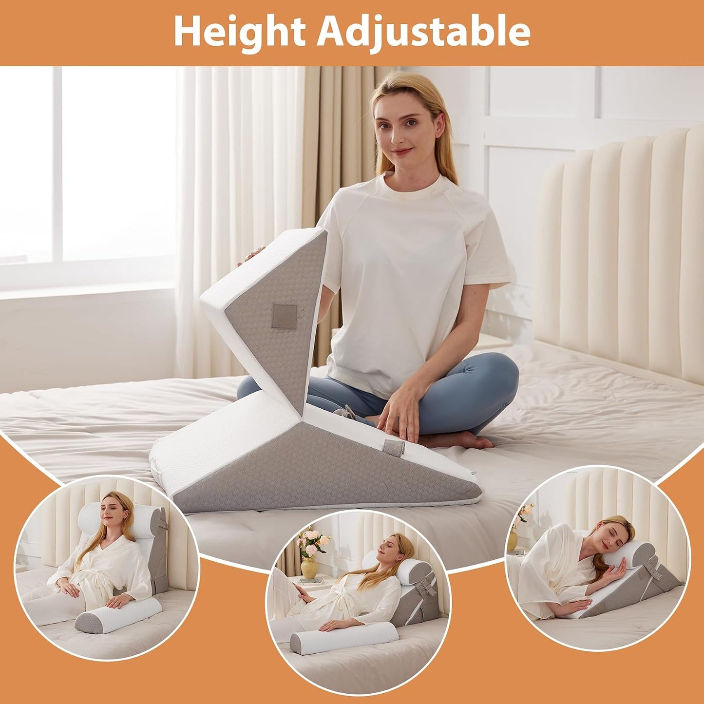 BIEEZZK Wedge Pillow Set for After Surgery, Wedge Pillow for Acid Reflux, Bed Wedge Pillow with Adjustable 9&12inch for Headboard,Sleeping, Orthopedic Memory Foam for Neck&Back Support, White/Grey