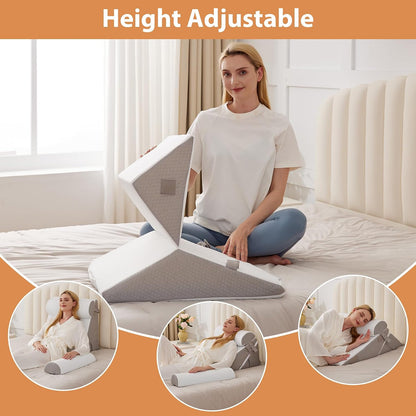 BIEEZZK Wedge Pillow Set for After Surgery, Wedge Pillow for Acid Reflux, Bed Wedge Pillow with Adjustable 9&12inch for Headboard,Sleeping, Orthopedic Memory Foam for Neck&Back Support, White/Grey