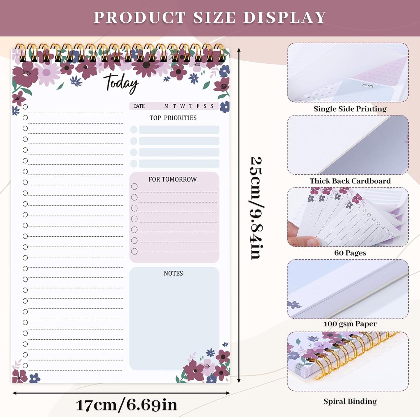 to Do List Notepad, Undated Daily Planner, 120 Pages, 6.7 x 9.8 in | 100 GSM FSC Paper, Plastic Cover, Spiral Bound, Tear-Off Pages, Task Checklist Layout For Home Office School Supplies