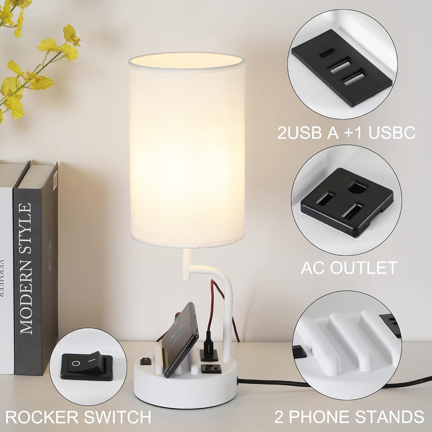 Dreamholder Table Lamp with 3 USB Charging Ports, Modern Desk Lamp with AC Outlet and Phone Stands, Perfect Bedside Lamp for Bedroom, Living Room, Office (Pack of 2), Cream